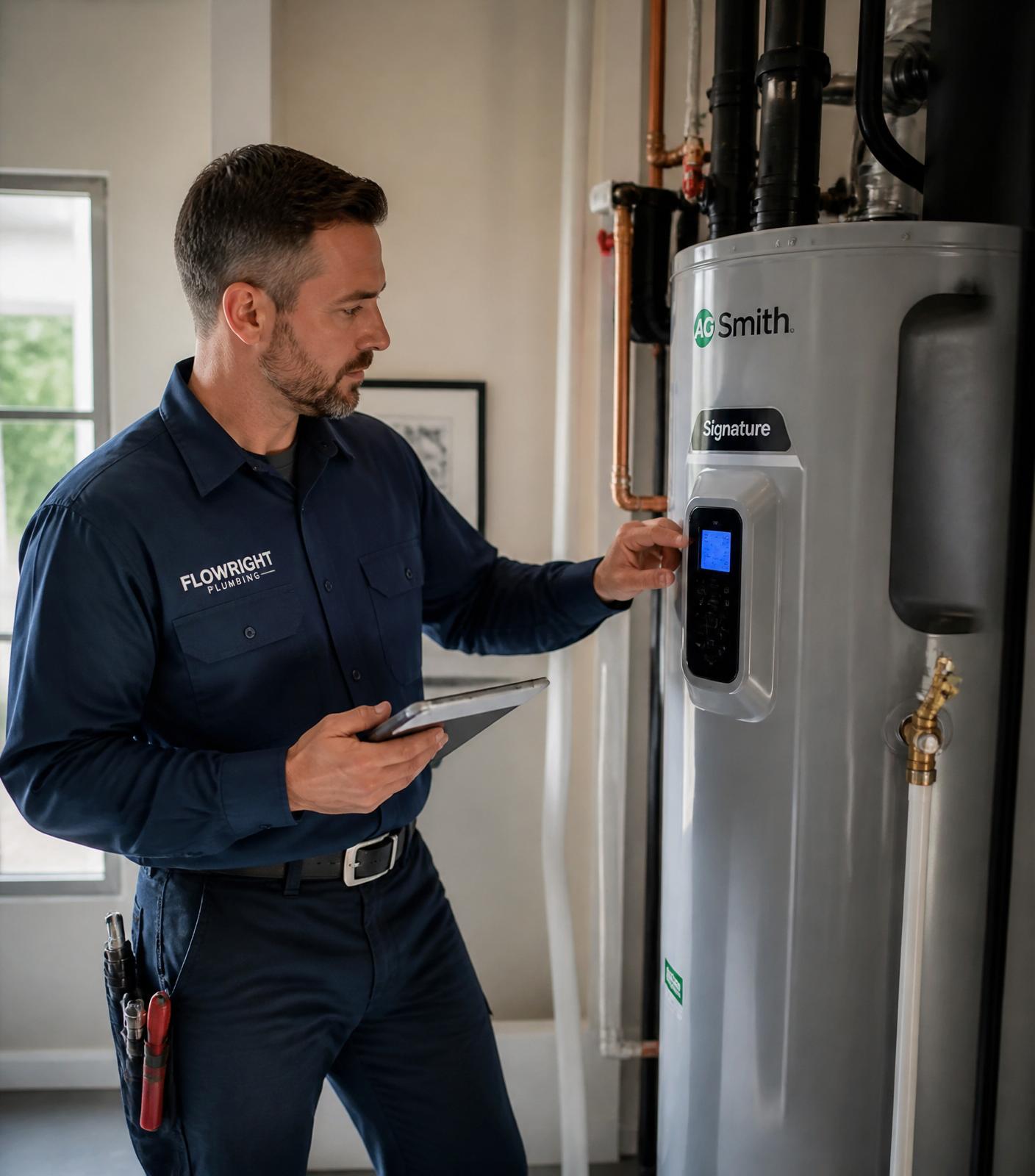Technicien DSP inspectant un chauffe-eau